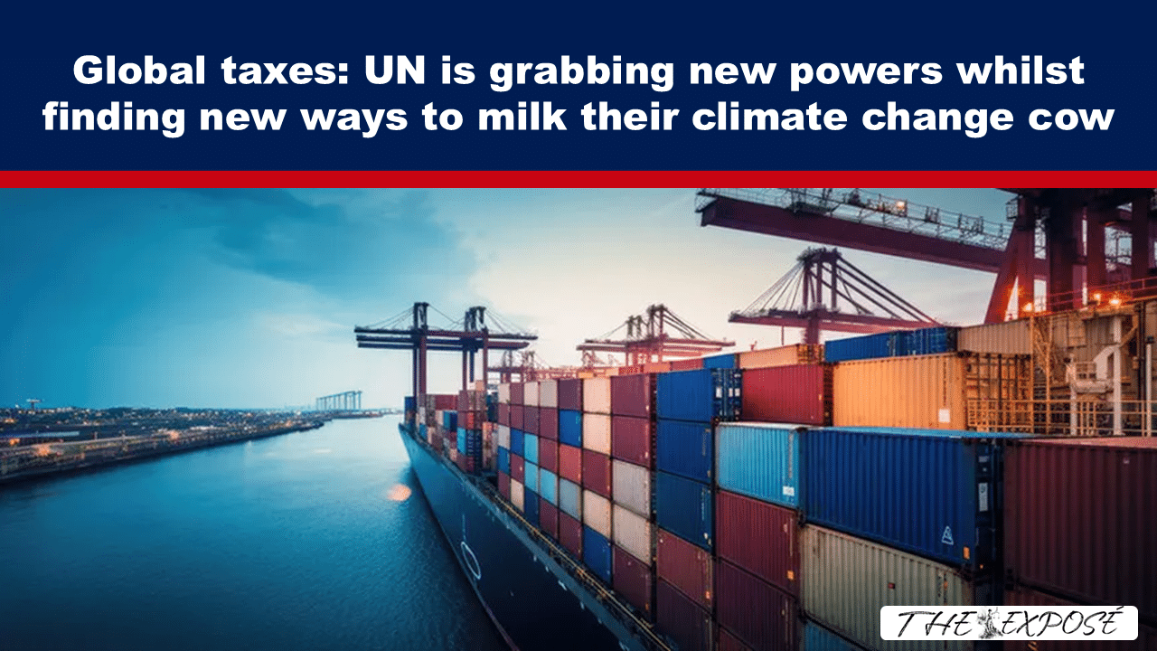 Cargo ship loaded with colorful containers at a busy port beneath cranes, accompanying a headline about global taxes and climate policy.