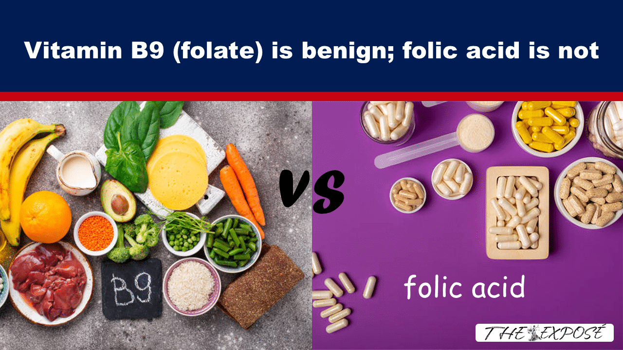 Split image showing natural foods rich in folate on the left and pills labeled 'folic acid' on the right with a 'VS' in the center, illustrating a comparison of B9 forms.