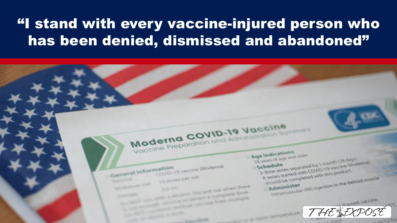 JunFeat30a - The Expose Vaccine information sheet on a US flag backdrop with a dark blue banner and bold quote about standing with vaccine-injured people at the top.