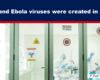 Banner text: 'HIV and Ebola viruses were created in a lab' over a lab scene with a scientist in protective suit inside a biosafety facility behind glass doors with warning signs (biohazard).