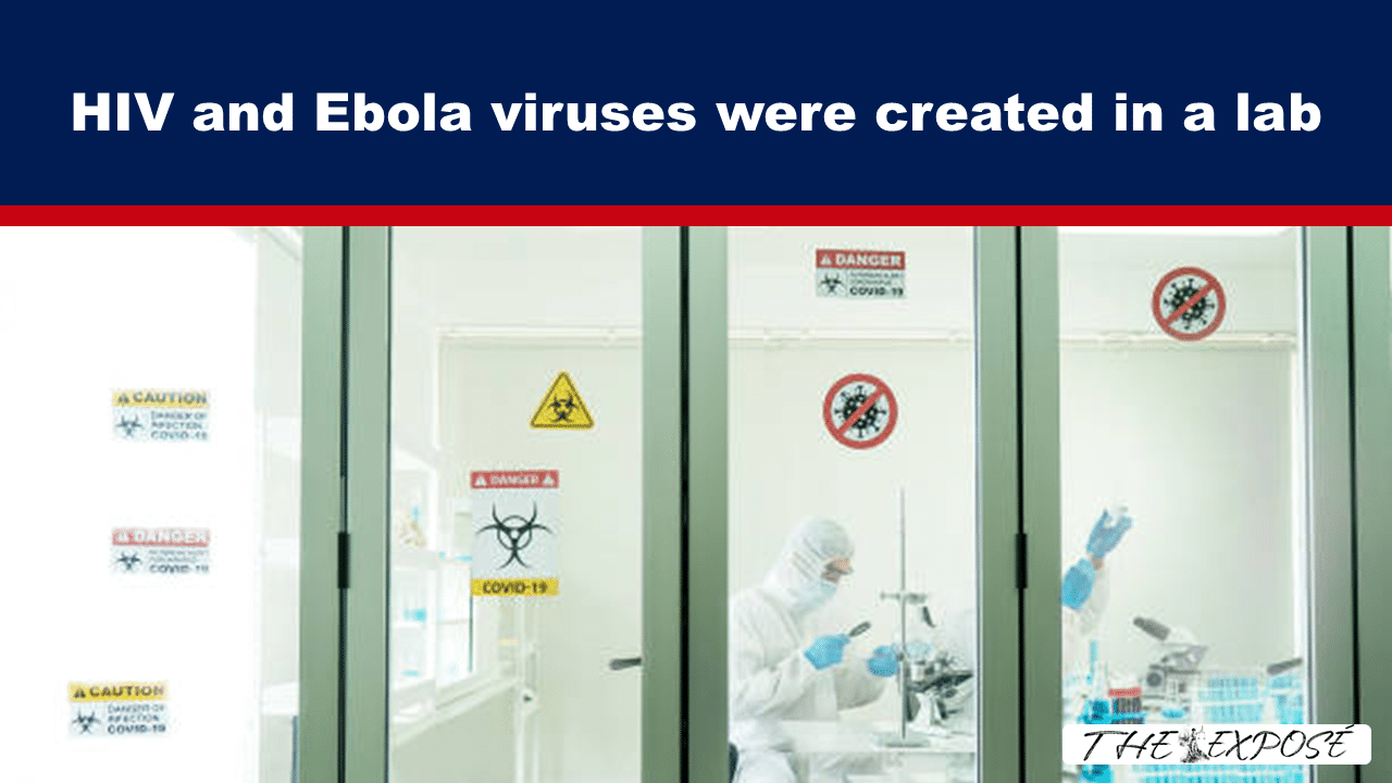 Banner text: 'HIV and Ebola viruses were created in a lab' over a lab scene with a scientist in protective suit inside a biosafety facility behind glass doors with warning signs (biohazard).