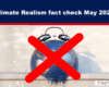 Banner reads 'Climate Realism fact check May 2026' with a red X across a melting globe image, signaling debunking claims about climate science.