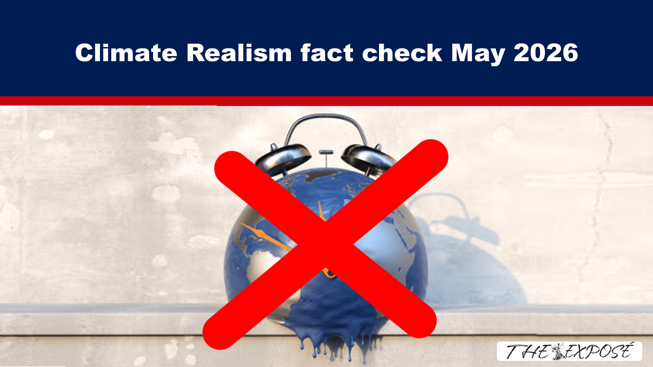 Banner reads 'Climate Realism fact check May 2026' with a red X across a melting globe image, signaling debunking claims about climate science.