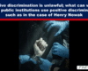 Banner about unlawful positive discrimination; photo shows a cuffed wrist being restrained by blue-gloved hands in a dark setting