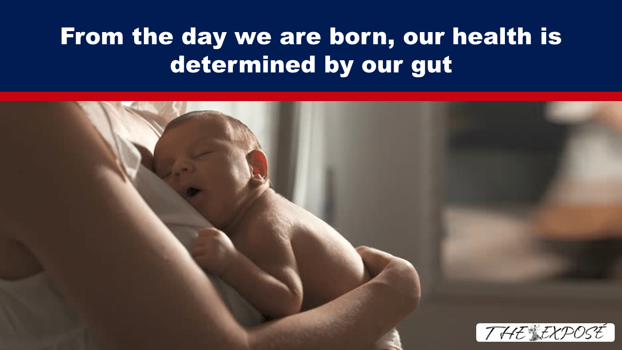 Newborn baby resting against a mother’s chest in warm light, peacefully sleeping in a caregiver’s arms, with a blue banner on top. Readable overlay about gut health.