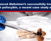 Lab scene: gloved hands use tweezers to handle a tissue sample beside a clear dish, with a bold headline about Alzheimer's treatment.