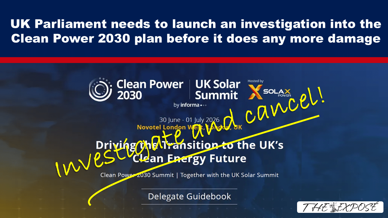 Headline banner urging UK Parliament to investigate the Clean Power 2030 plan to prevent further damage, with event visuals in the background.
