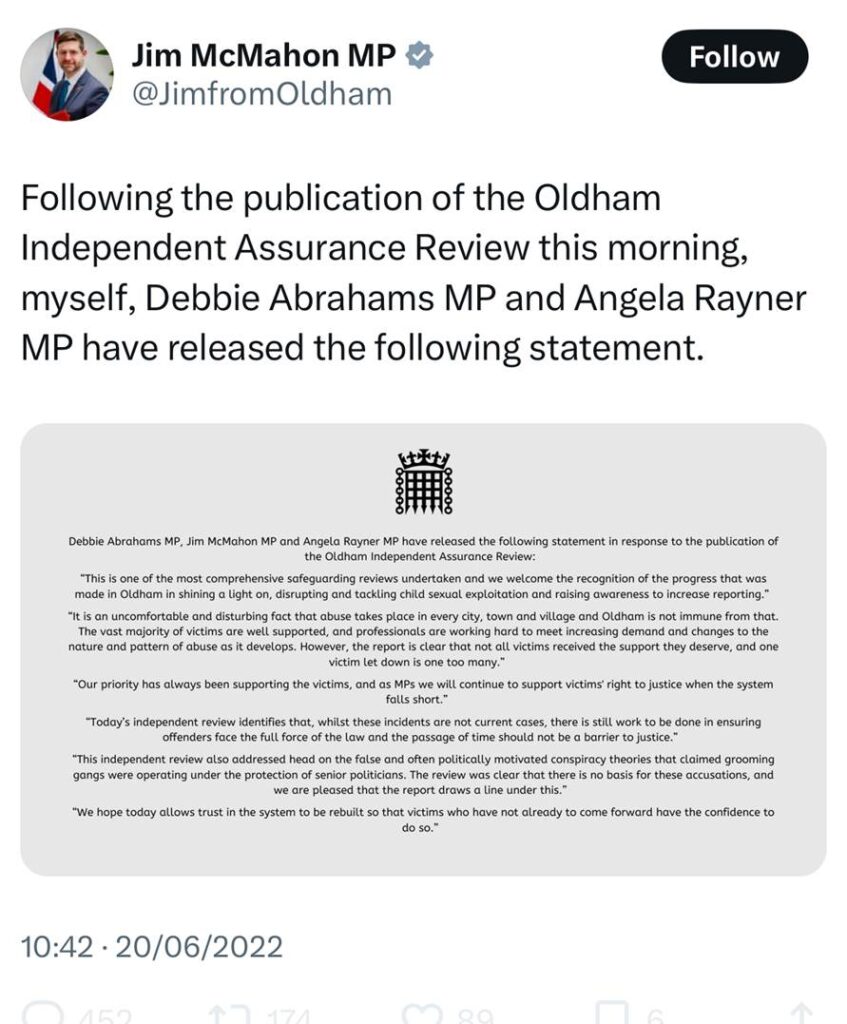 image - The Expose Tweet by Jim McMahon MP announcing a joint statement by Debbie Abrahams, Jim McMahon and Angela Rayner in response to the Oldham Independent Assurance Review; included image shows the official document text on a gray rounded card.