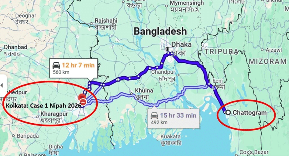 image - The Expose Map of the India–Bangladesh region showing routes from Kolkata to Chattogram, with a Nipah case label near Kolkata and two travel times: 12 h 7 m (560 km) and 15 h 33 m (492 km).