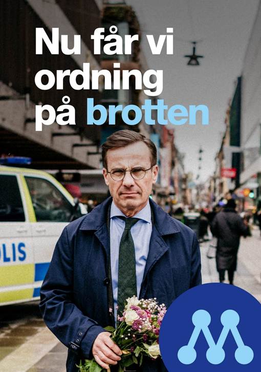 image - The Expose Political ad image: a man in a dark coat and tie holding flowers stands on a city street with a police car in the background; bold Swedish text at the top reads 'Nu får vi ordning på brotten'; a blue circular logo with connected dots overlays the lower right.
