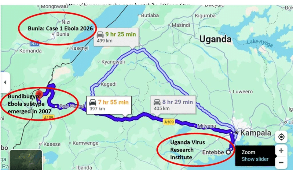 image - The Expose Map showing Ebola outbreak routes in Uganda and nearby region with three circled labels: Bunia case 1 Ebola 2026, Bundibugyo Ebola subtype emerged in 2007, and Uganda Virus Research Institute near Entebbe.