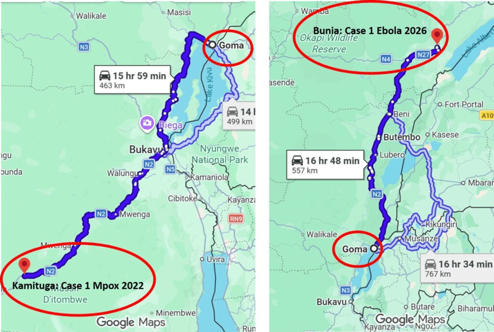 image - The Expose Two map panels showing a blue travel route from Kamituga to Goma in DR Congo, with red circled points at Kamituga and Goma and an Ebola case label near Bunia.