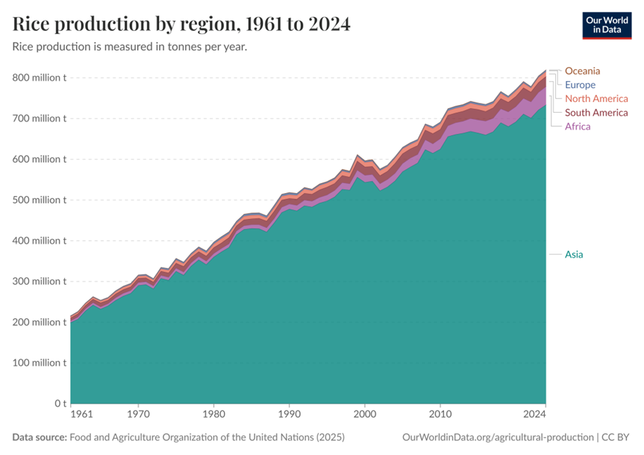 image - The Expose Stacked area chart showing global rice production by region from 1961 to 2024, with Asia producing the majority of the output.