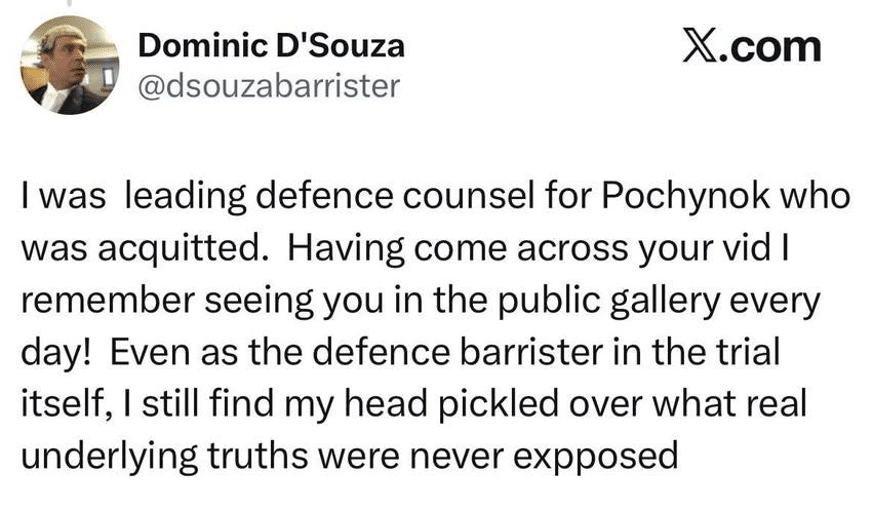Screenshot of a tweet from Dominic D'Souza (@dsouzabarrister) discussing his role as defence counsel for Pochynok and noting public-gallery observations.