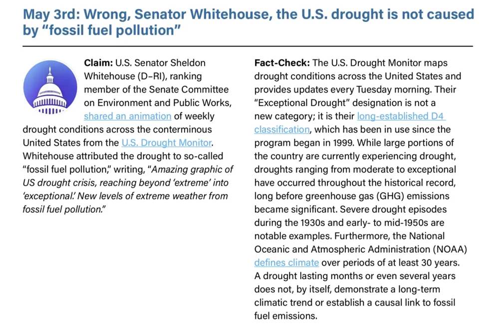 Infographic comparing a claim and a fact-check on drought not caused by fossil fuel pollution, May 3rd, with a Capitol icon.
