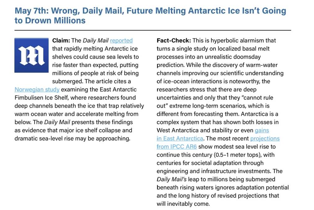 Infographic with a Daily Mail logo on the left and two columns titled 'Claim' and 'Fact-Check' about Antarctic ice melt.]','Two-column infographic discussing Antarctic ice-melt claims, with 'Claim' and 'Fact-Check' sections and the Daily Mail logo on the left.','Headline reads: May 7th: Wrong, Daily Mail, Future Melting Antarctic Ice Isn’t Going to Drown Millions, shown above two text columns.