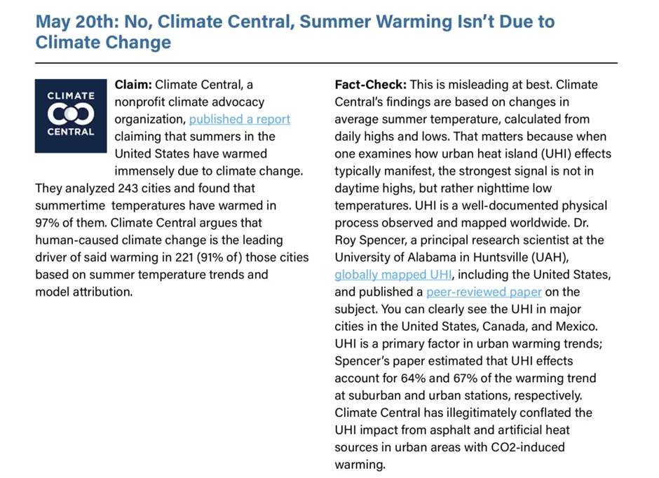 Split infographic titled 'May 20th: No, Climate Central, Summer Warming Isn’t Due to Climate Change'; left panel shows Climate Central claim with logo and a paragraph, right panel labeled 'Fact-Check' with explanation about urban heat island effects and misinterpretation.