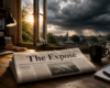 Folded newspaper titled “The Exposé” on a sunlit office desk, with dark storm clouds gathering outside the open window.