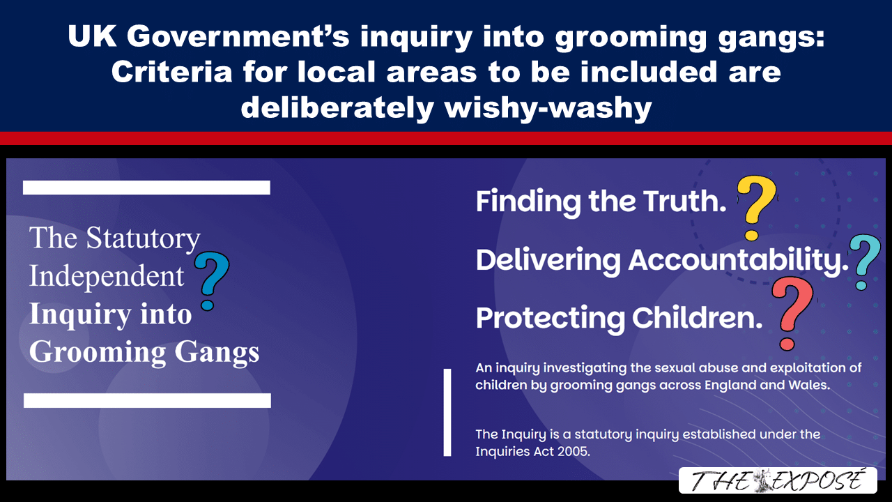 Banner about the UK government inquiry into grooming gangs with questions about truth, accountability and protecting children
