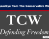 Farewell banner for The Conservative Woman, featuring the TCW logo and the slogan 'Defending Freedom' on a dark grey panel with a blue header.
