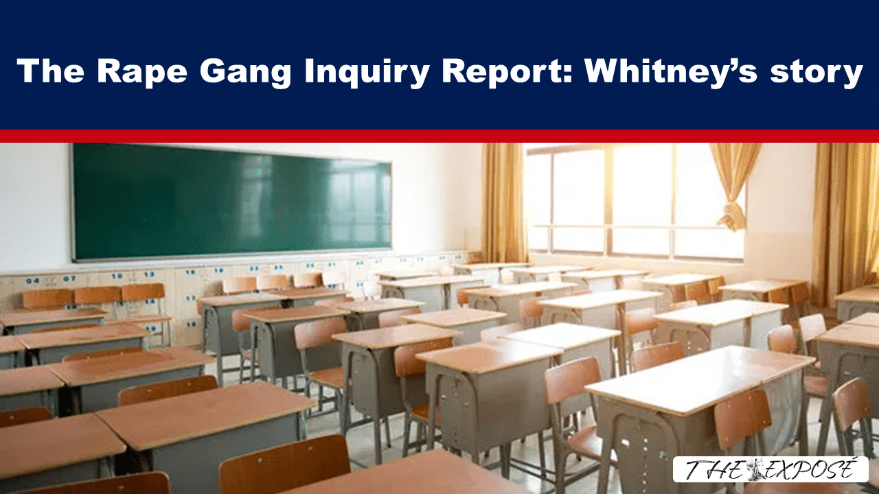 Empty classroom with rows of desks and a green chalkboard; blue banner across the top reads 'The Rape Gang Inquiry Report: Whitney’s story'.