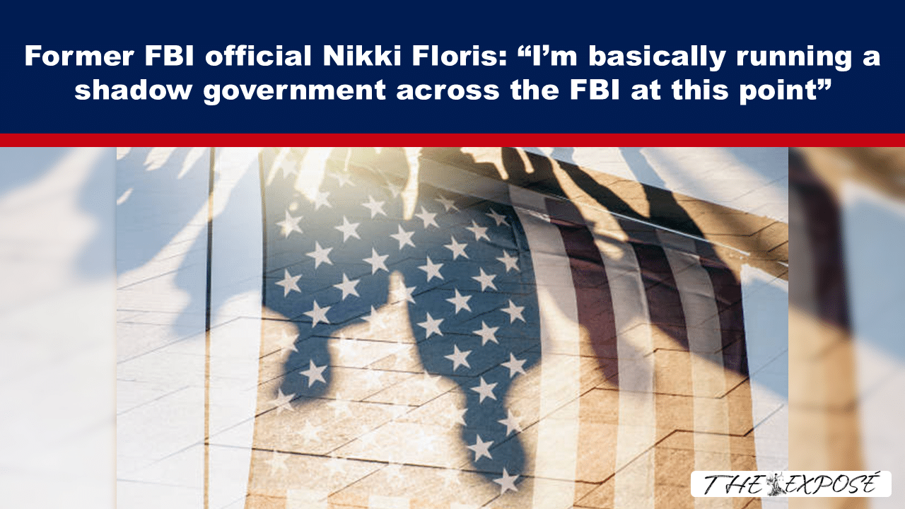 JulFeat21a - The Expose News banner for an article about Nikki Floris accusing a shadow FBI government; background shows a U.S. flag over a world map silhouette.