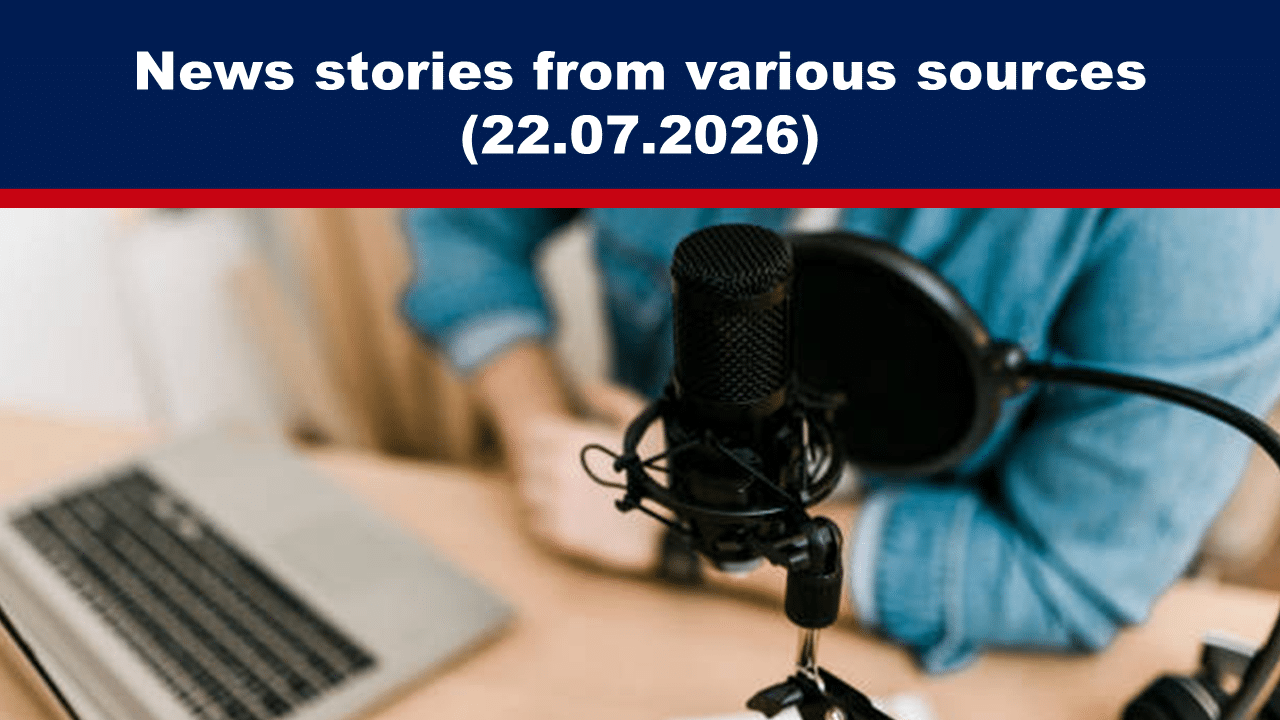 JulFeat22c - The Expose Header banner: 'News stories from various sources (22.07.2026)' with a microphone and laptop in the background.