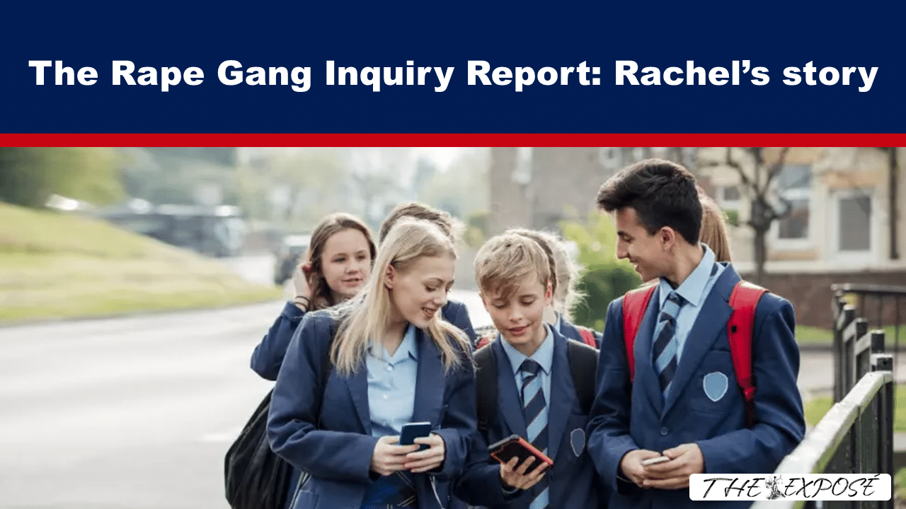 JulFeat23b - The Expose Group of students in blue school uniforms walking outdoors, looking at their phones, beneath a news banner about a rape gang inquiry.