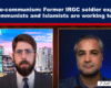 Split-screen interview: left man in suit and glasses with city background; right man with gray hair against blue backdrop; headline banner above (Islmo-…).