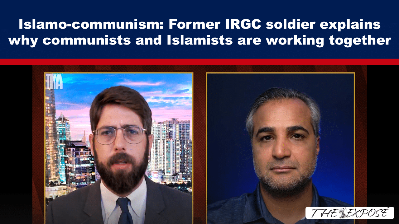 Split-screen interview: left man in suit and glasses with city background; right man with gray hair against blue backdrop; headline banner above (Islmo-…).