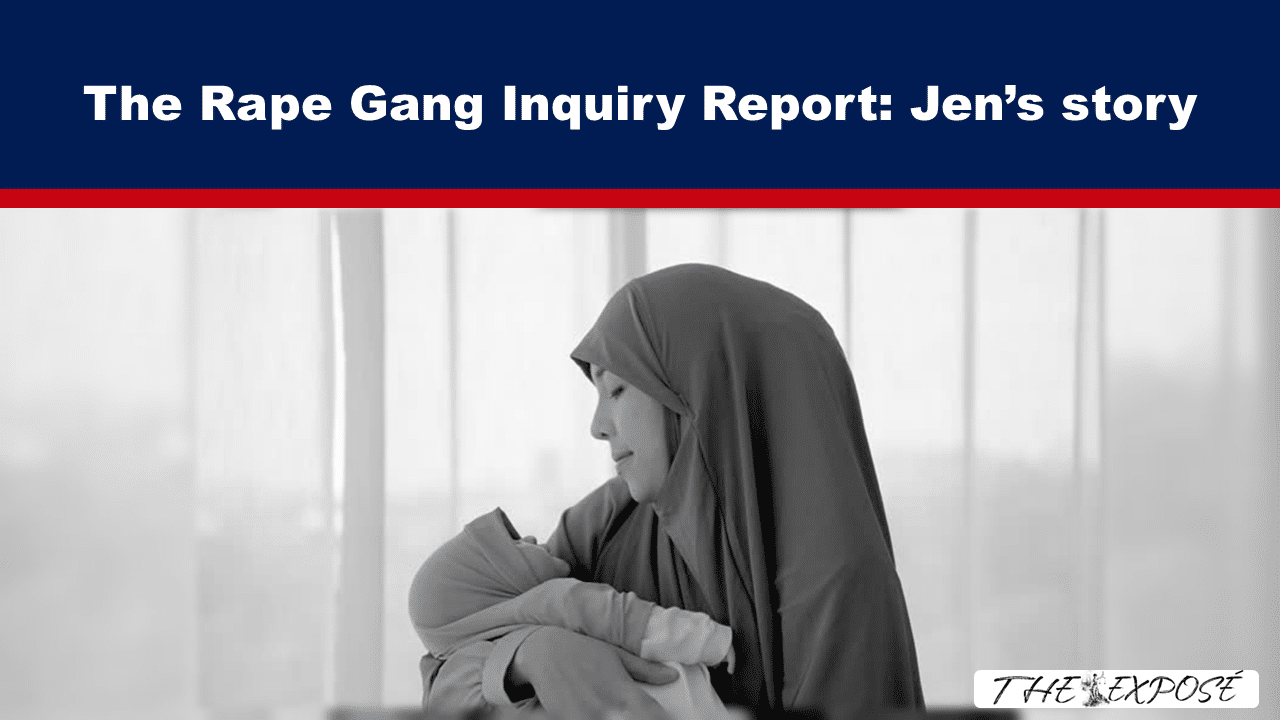 JulFeat24b - The Expose Header text: The Rape Gang Inquiry Report: Jen’s story; grayscale photo of a mother in a hijab holding her baby beside a somber setting.