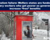 Bold blue banner with a political claim above a snowy park scene featuring a red telephone booth and a man reading a book poster.