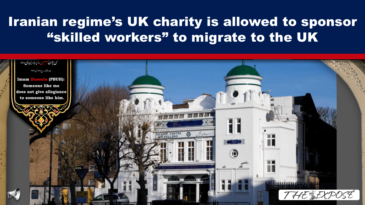 Headline banner reporting that an Iranian regime charity may sponsor skilled workers to migrate to the UK, over a white Islamic center building in England.