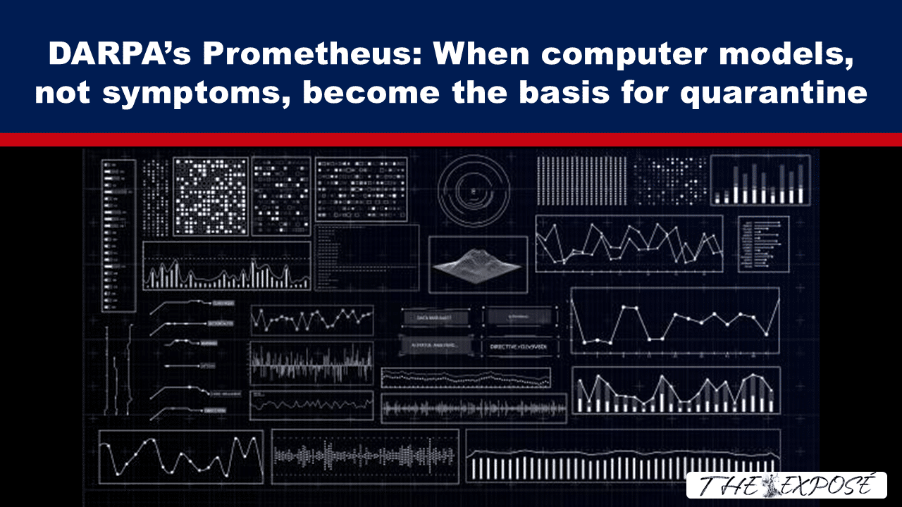 Headline banner for a news article about DARPA’s Prometheus use of computer models for quarantine, with a blue header, red divider, and a collage of charts and graphs in the background.