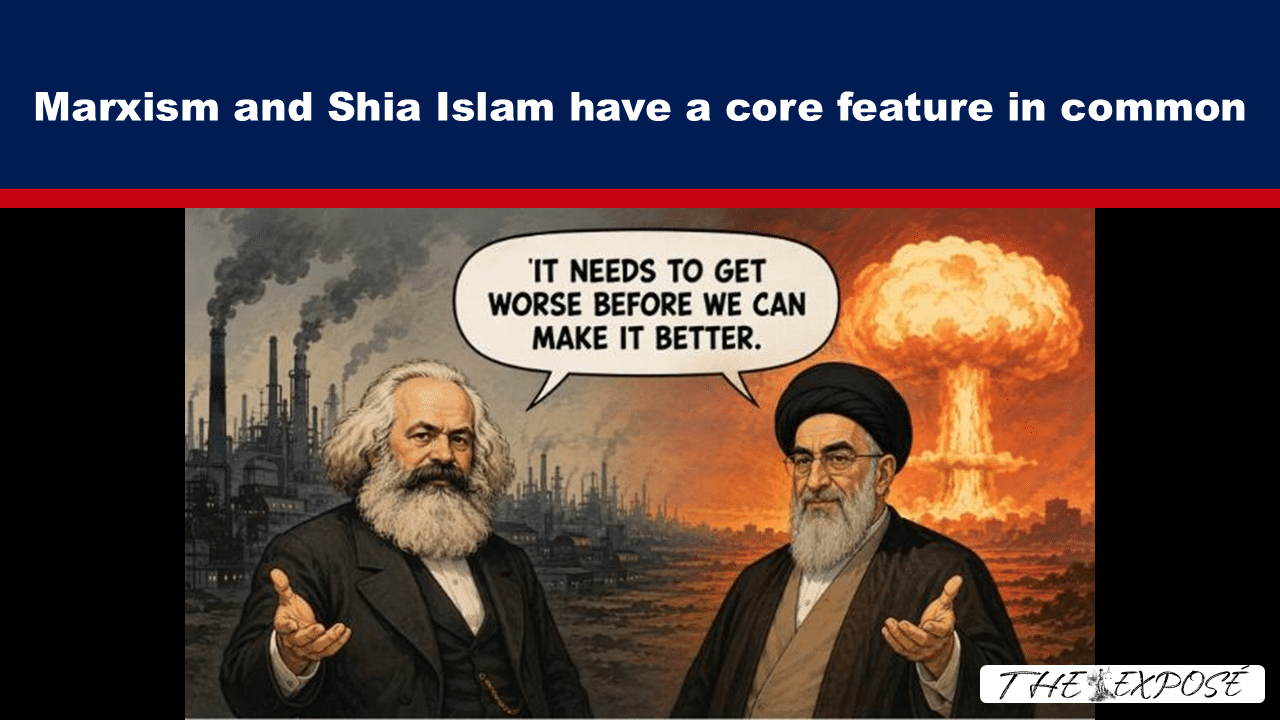Political cartoon showing two bearded men (depersonalized) in front of an industrial landscape with a nuclear explosion in the background; speech bubble reads, 'It needs to get worse before we can make it better.' conveys a grim warning about worsening crises.
