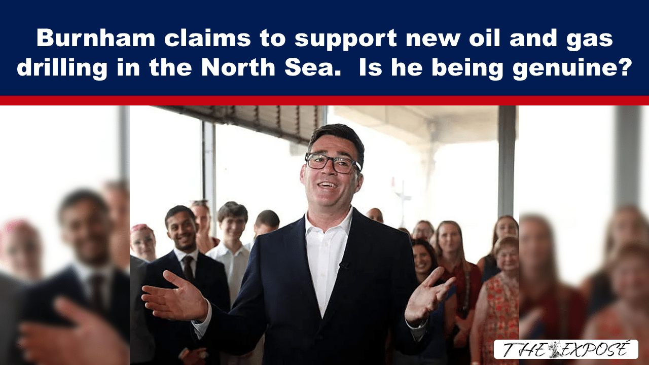 News banner: a man in a suit speaks to a crowd; headline questions Burnham's stance on North Sea oil and gas drilling and his genuineness.