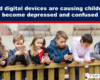 Banner headline: 'AI and digital devices are causing children to become depressed and confused' with kids leaning on a fence and using smartphones below it, conveying concern about tech impact on kids' mental health in a public banner image.