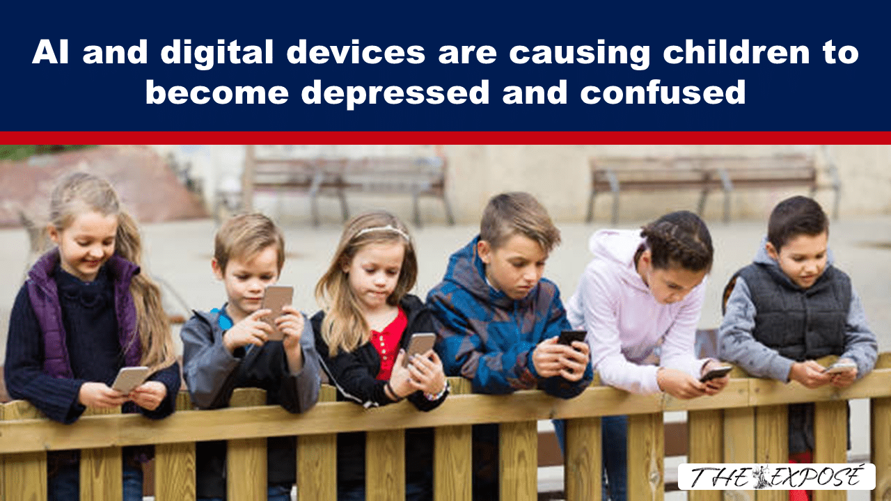 JulFeat29c - The Expose Banner headline: 'AI and digital devices are causing children to become depressed and confused' with kids leaning on a fence and using smartphones below it, conveying concern about tech impact on kids' mental health in a public banner image.