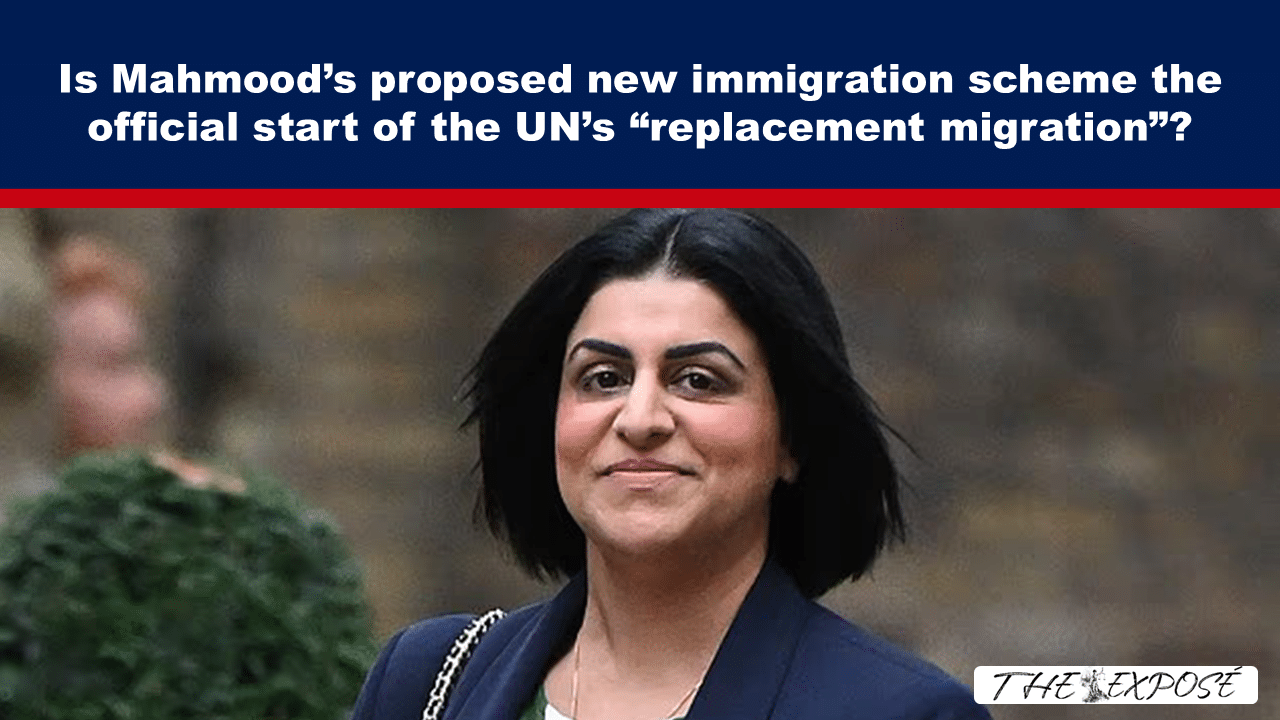 JulFeat2c - The Expose Headline banner questions if Mahmood's immigration proposal starts the UN's 'replacement migration', featuring a smiling woman in a dark blazer outdoors.