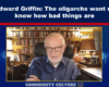 Video interview with an elderly man in glasses speaking, seated in a study with a bookshelf background and a blue broadcast banner reading 'G. Edward Griffin: The oligarchs want us to know how bad things are'.