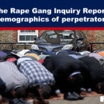 News banner reading 'The Rape Gang Inquiry Report: Demographics of perpetrators' above a crowd of people bowing in prayer in front of a car outside a brick building, suggesting a protest or vigil.