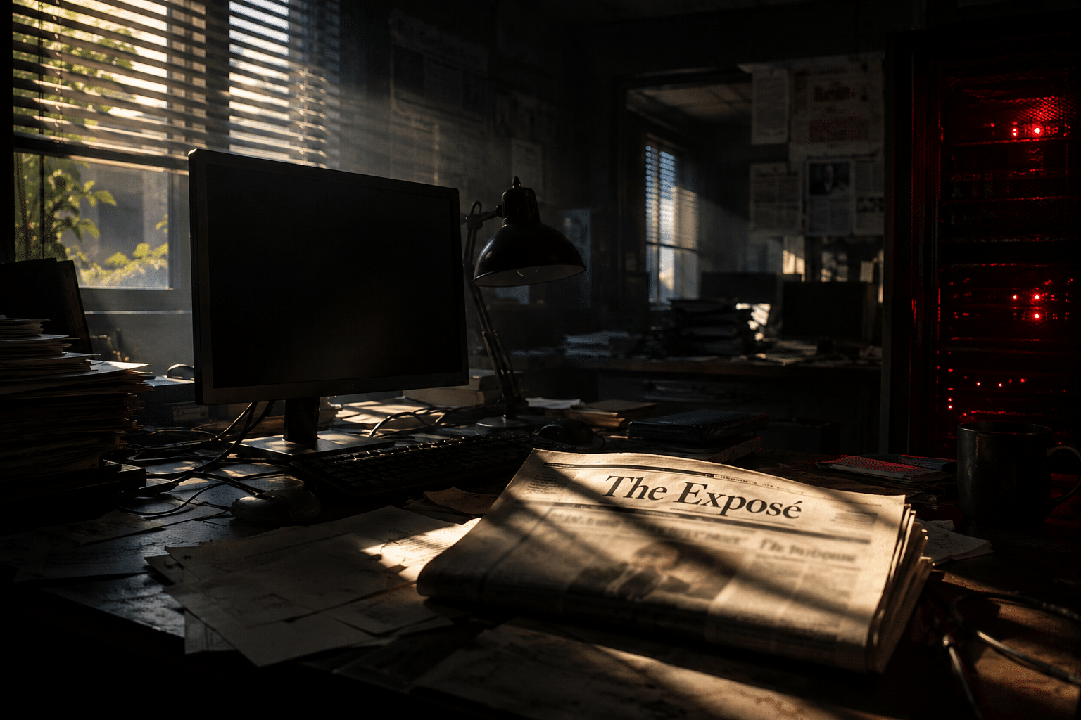 Support the Expose July - The Expose generate an image: A dramatic midsummer scene inside a dark, temporarily abandoned newsroom. A computer monitor sits black and unresponsive on a desk, surrounded by scattered research papers, cables and a small desk lamp that has gone out. In the foreground lies a folded newspaper with the masthead **“The Exposé”** clearly visible; all other text is blurred or too small to read. Bright July sunlight pushes through partially closed blinds, casting sharp bars of light across the desk, while the rest of the room remains in shadow. A faint red warning glow reflects from a nearby server cabinet, suggesting that the website has been forced offline by sustained digital pressure. The atmosphere should feel tense and uncertain, as though an independent voice has suddenly gone silent—but the sunlight touching *The Exposé* newspaper should suggest resilience and the possibility of returning. Cinematic editorial photography, realistic detail, strong light-and-shadow contrast, wide landscape composition suitable for a news website feature image. No people, no logos other than **“The Exposé”**, and no other readable words, symbols or interface text.