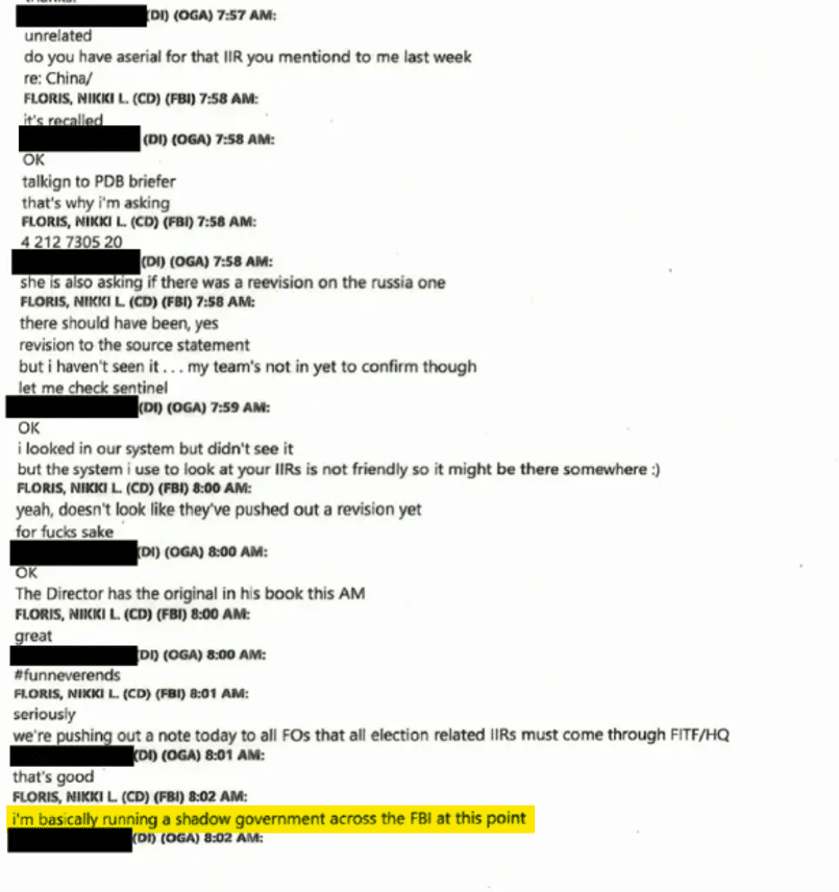 image - The Expose Screenshot of a text chat about IIRs; highlighted line says 'i'm basically running a shadow government across the FBI at this point'.