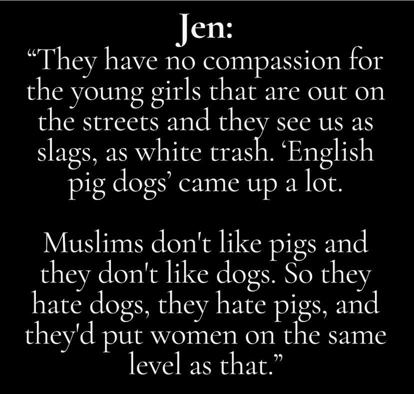 image - The Expose Quote from Jen on a black background: a controversial statement about Muslims, pigs, and dogs challenging women’s equality.