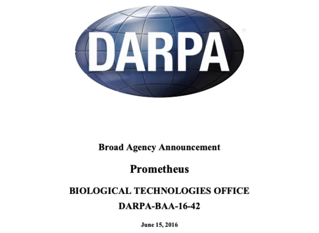 DARPA logo above a document titled Broad Agency Announcement: Prometheus, Biological Technologies Office, DARPA-BAA-16-42, June 15, 2016.