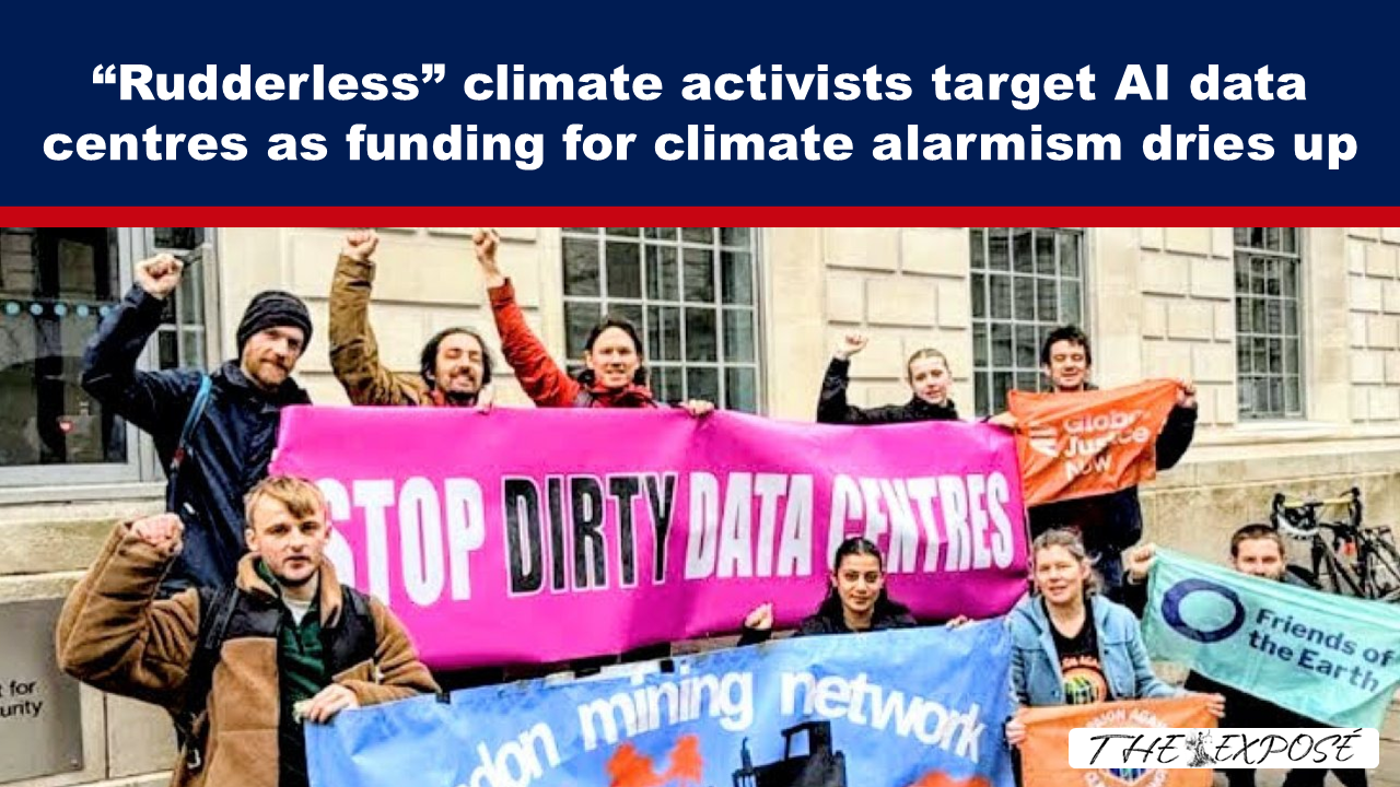 Group of climate activists protest outdoors, waving bright banners that read 'STOP DIRTY DATA CENTRES' and 'mining network' across a stone building backdrop.