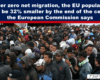 Dense crowd of men in jackets and hoodies beneath a navy banner with the headline about EU population under zero net migration.