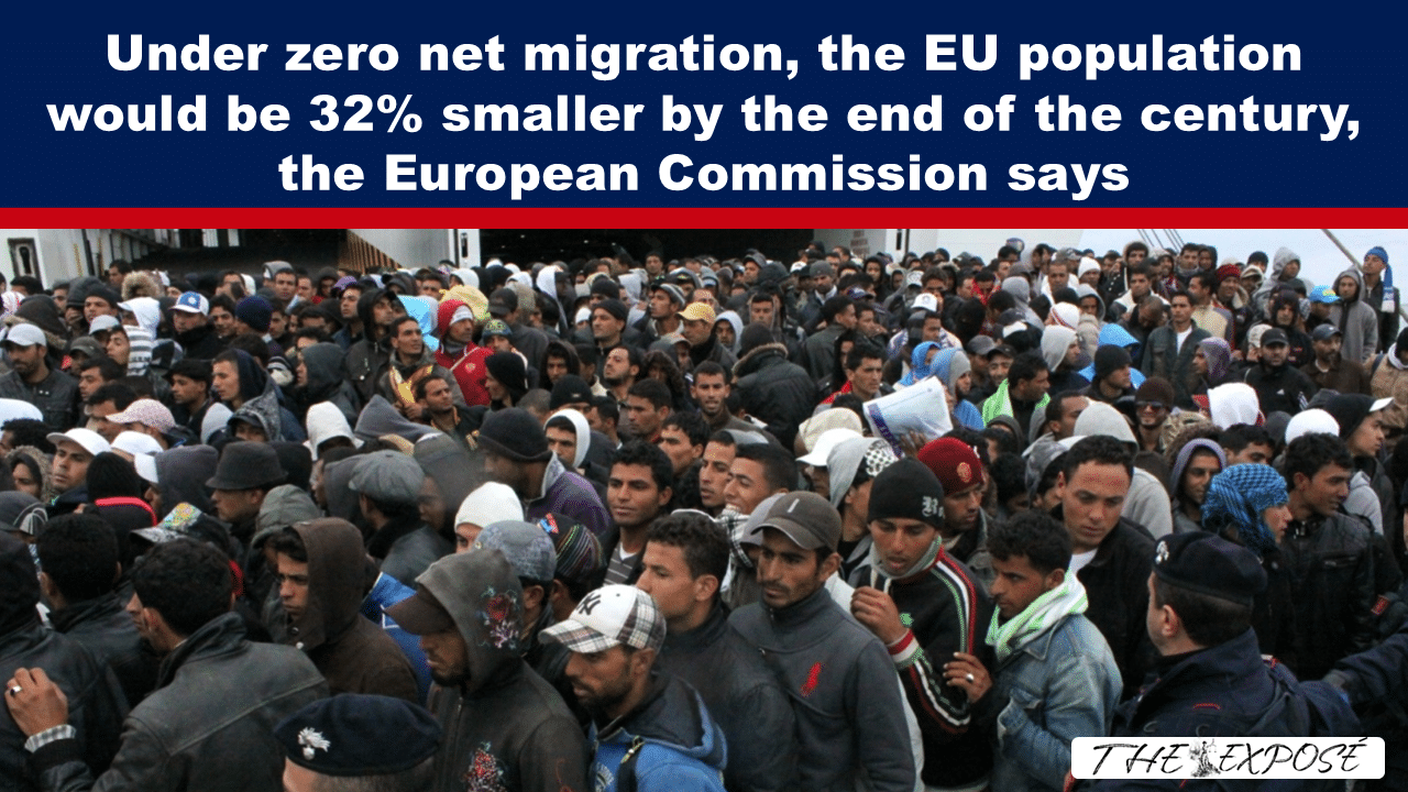 Dense crowd of men in jackets and hoodies beneath a navy banner with the headline about EU population under zero net migration.
