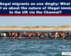 Headline banner about migrants over a crowded inflatable boat with dozens wearing orange life jackets at sea near a sandy coastline