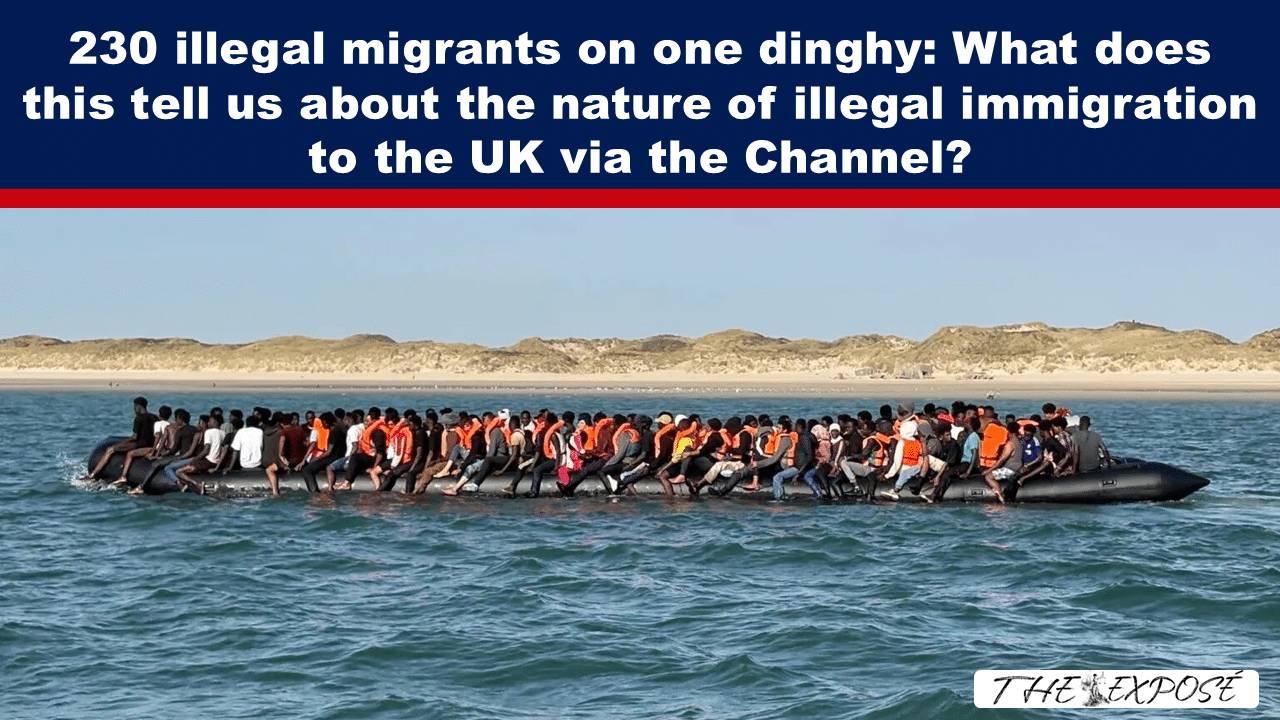Headline banner about migrants over a crowded inflatable boat with dozens wearing orange life jackets at sea near a sandy coastline